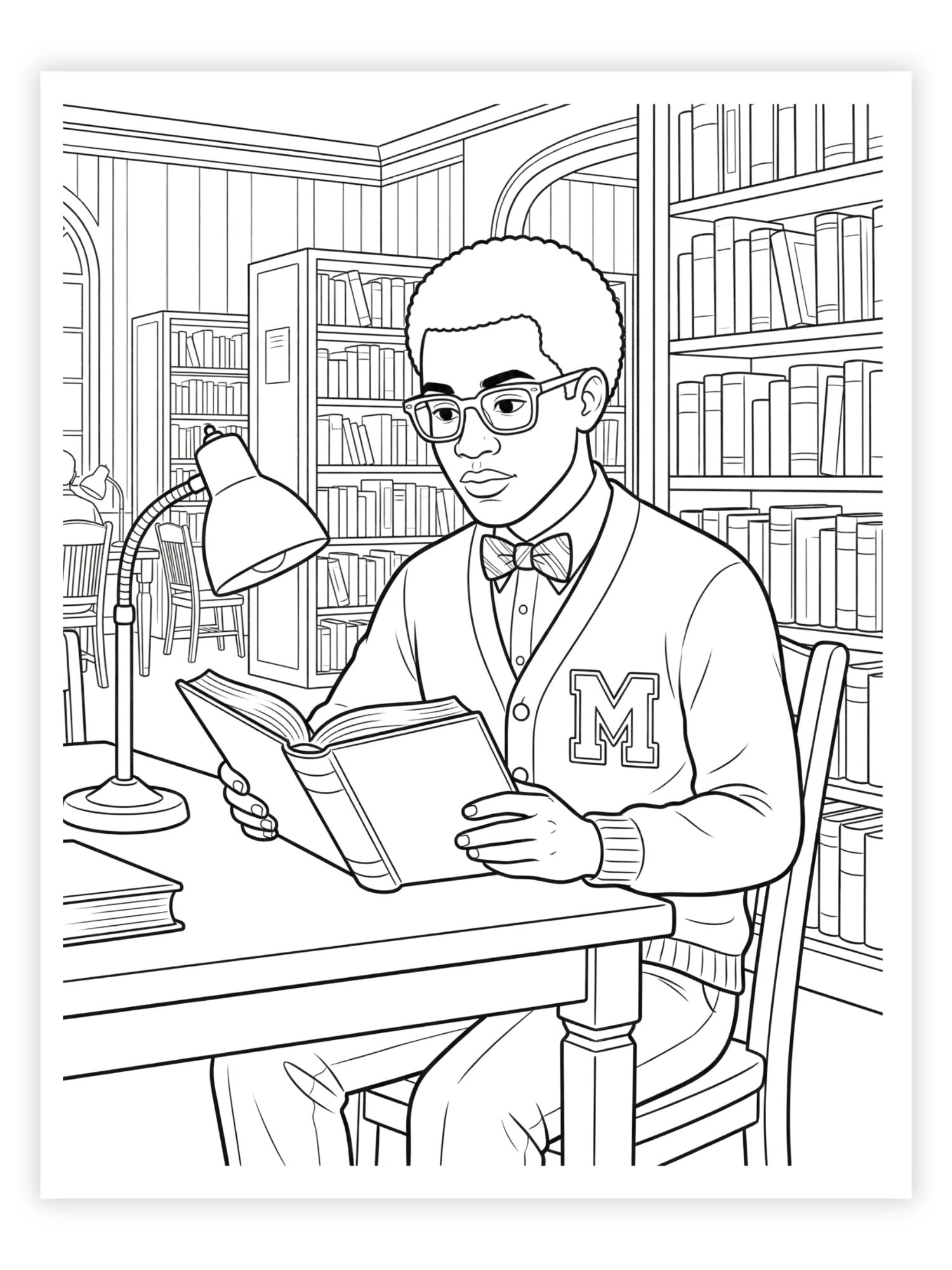 Illustration of a young Black man reading a book in a library setting