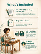 Product description card with illustrations of a coloring book and a woman at a desk, detailing the set's contents and features.