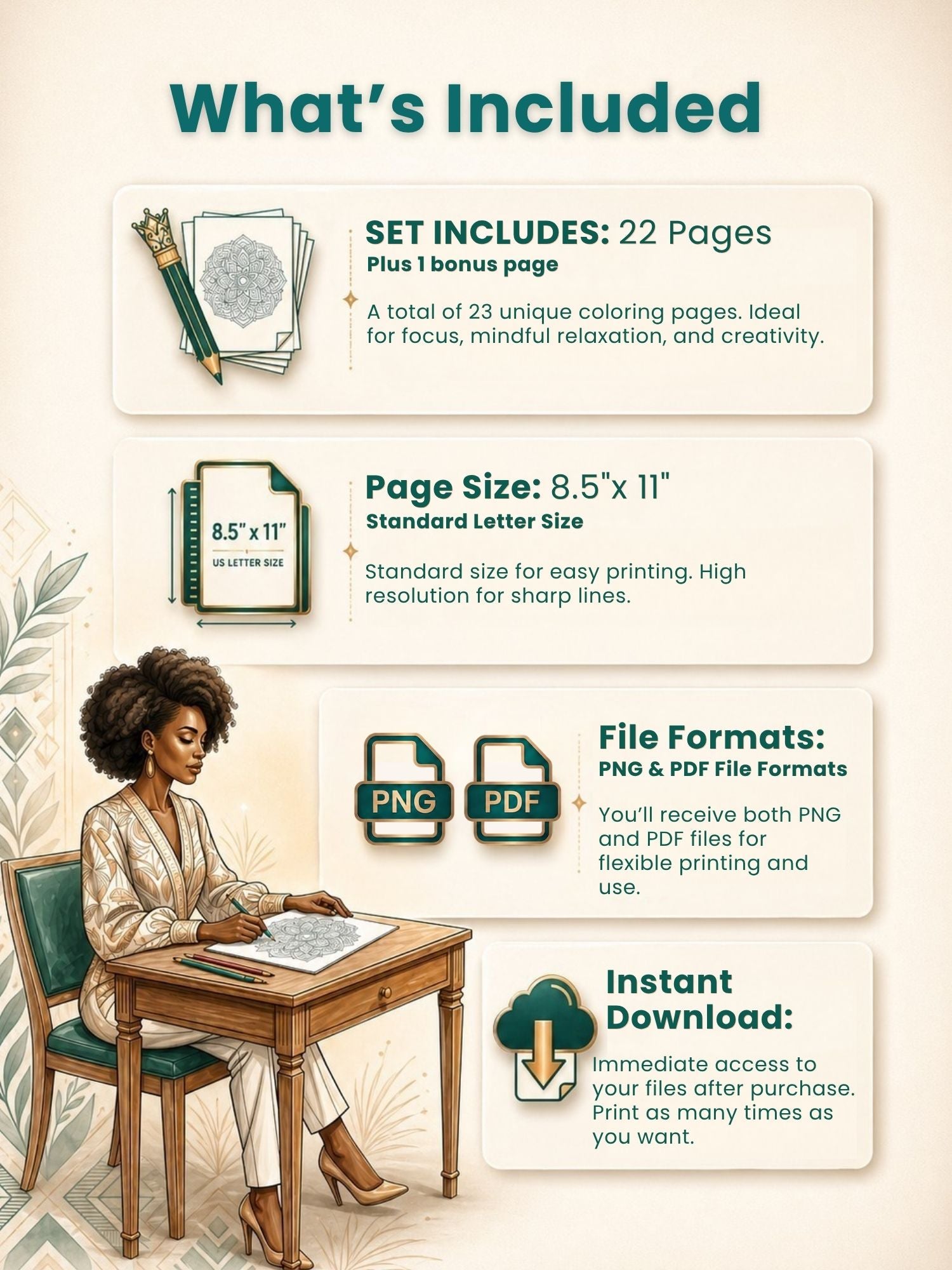 Product description card with illustrations of a coloring book and a woman at a desk, detailing the set's contents and features.