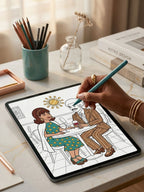 Person coloring a digital illustration of an African American couple in the 1970's on a tablet with a stylus.