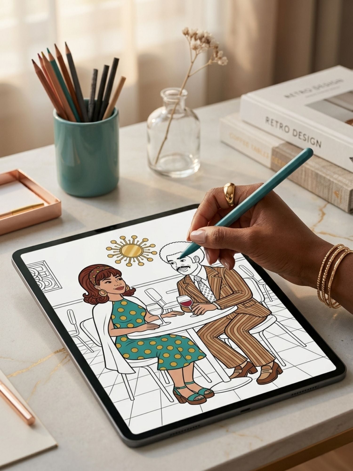 Person coloring a digital illustration of an African American couple in the 1970's on a tablet with a stylus.