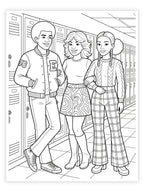 Coloring page of three teenagers in a school hallway with lockers in the 1970's.
