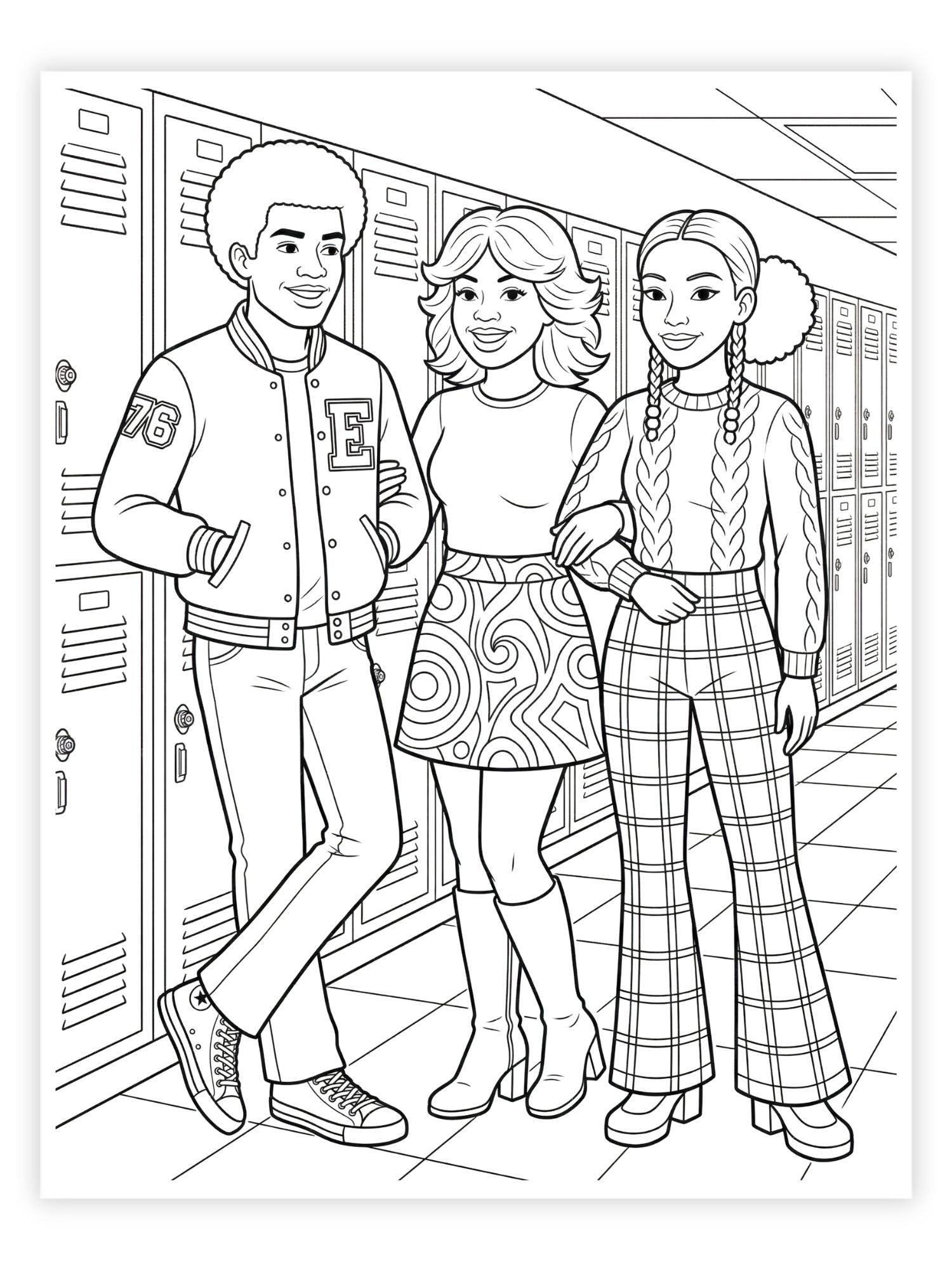 Coloring page of three teenagers in a school hallway with lockers in the 1970's.
