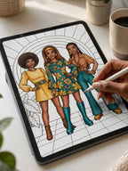 African American woman coloring thee Black women dressed in 1970's fashion on a tablet