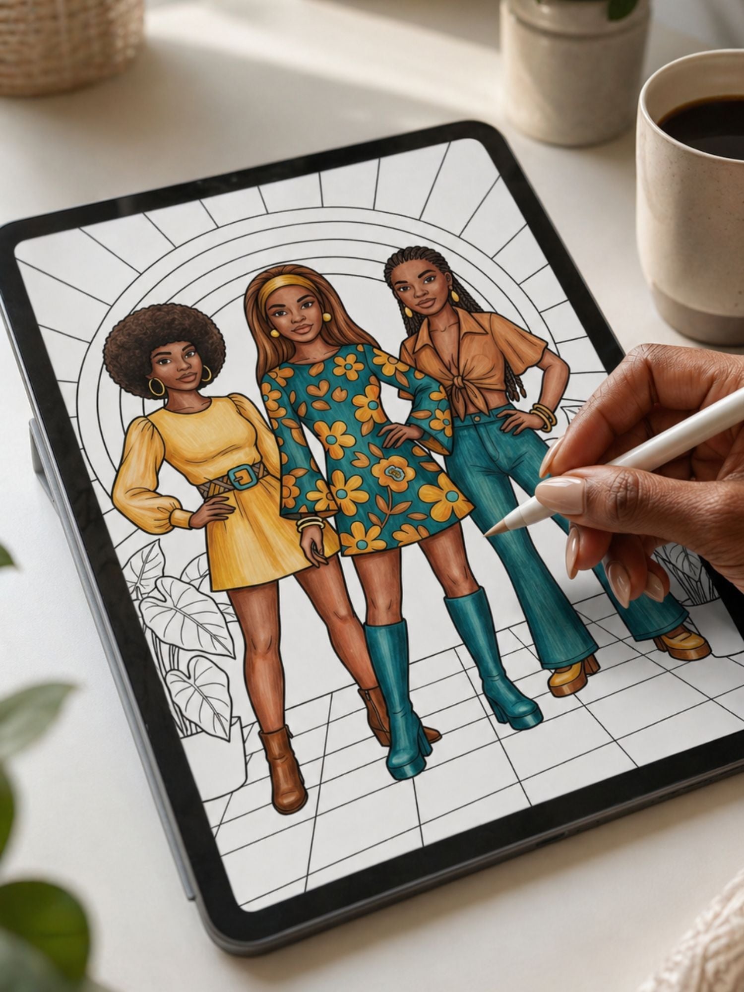 African American woman coloring thee Black women dressed in 1970's fashion on a tablet