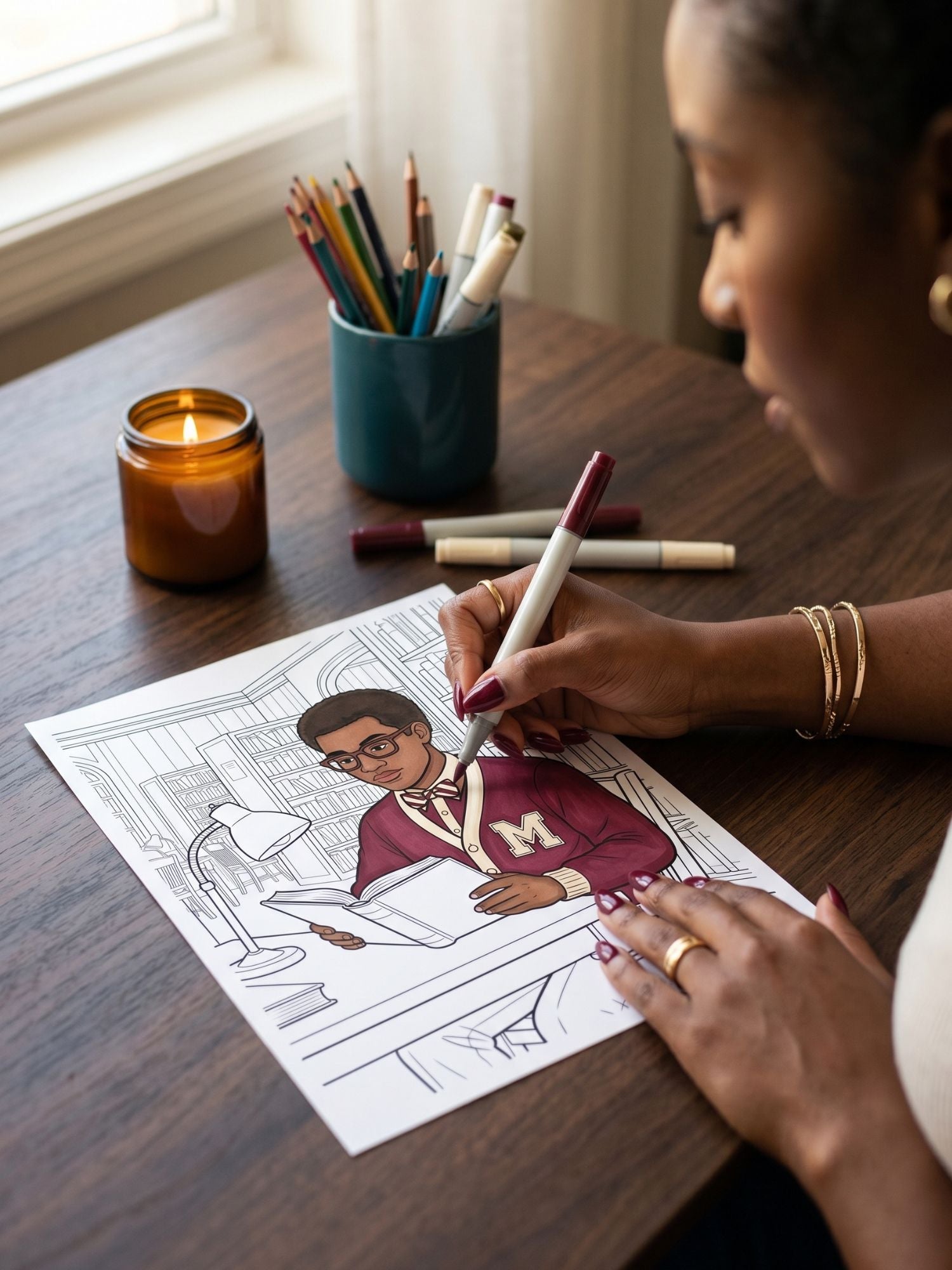Black woman coloring a coloring page of a young man in a library setting reading.