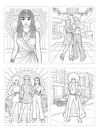 Set of four coloring pages featuring people in various settings.