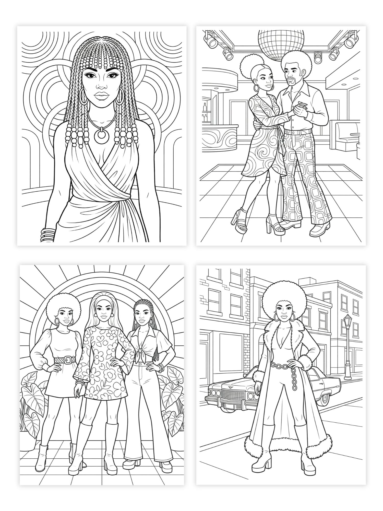 Set of four coloring pages featuring people in various settings.