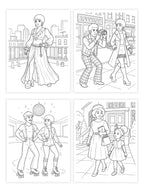 Set of four black and white illustrations of a African American in different activities in the 1970's, suitable for coloring.