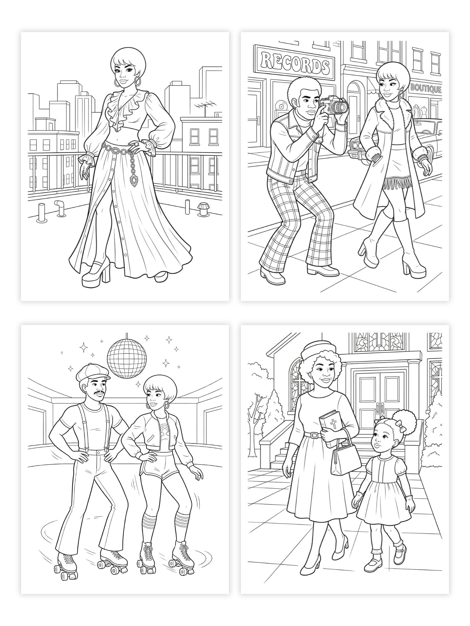Set of four black and white illustrations of a African American in different activities in the 1970's, suitable for coloring.