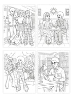 Set of four black and white illustrations of a family in different activities, suitable for coloring.