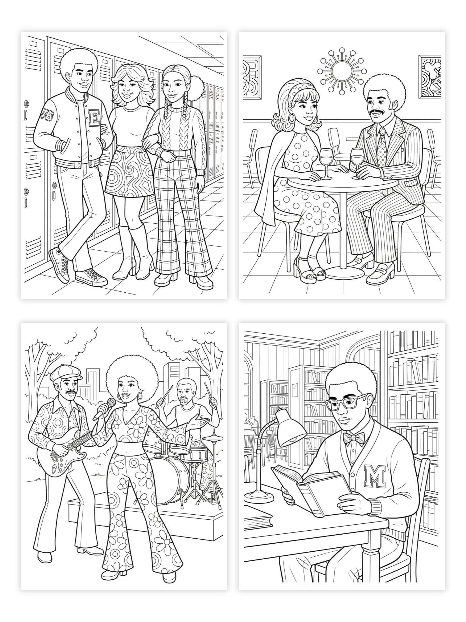Set of four black and white illustrations of a family in different activities, suitable for coloring.