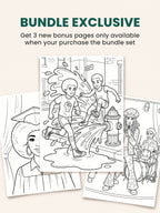 Three coloring pages featuring kids playing in a fire hydrant, a woman graduate and and band on stage.
