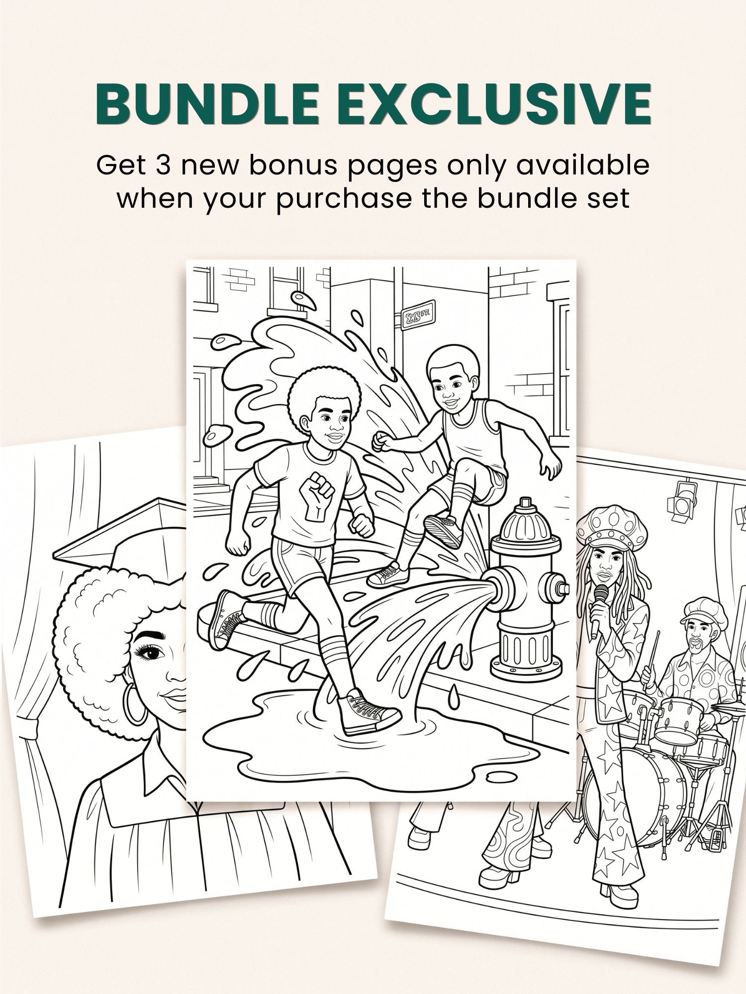 Three coloring pages featuring kids playing in a fire hydrant, a woman graduate and and band on stage.