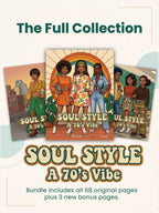 Cover of 'Soul Style: A 70's Vibe' Collection with illustrations of women in vintage clothing and text.