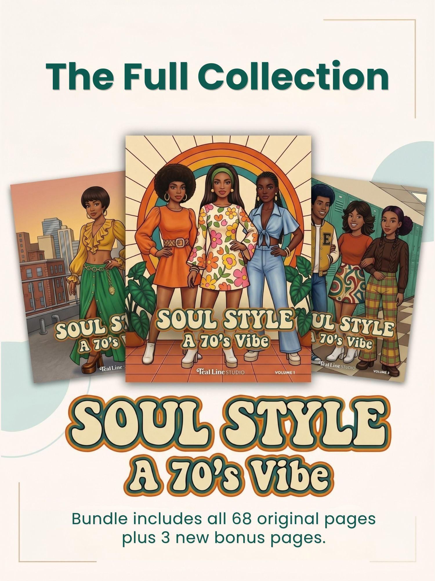 Cover of 'Soul Style: A 70's Vibe' Collection with illustrations of women in vintage clothing and text.