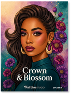 Book cover of 'Crown & Blossom' by Teal Line Studio with a woman's portrait and flowers.