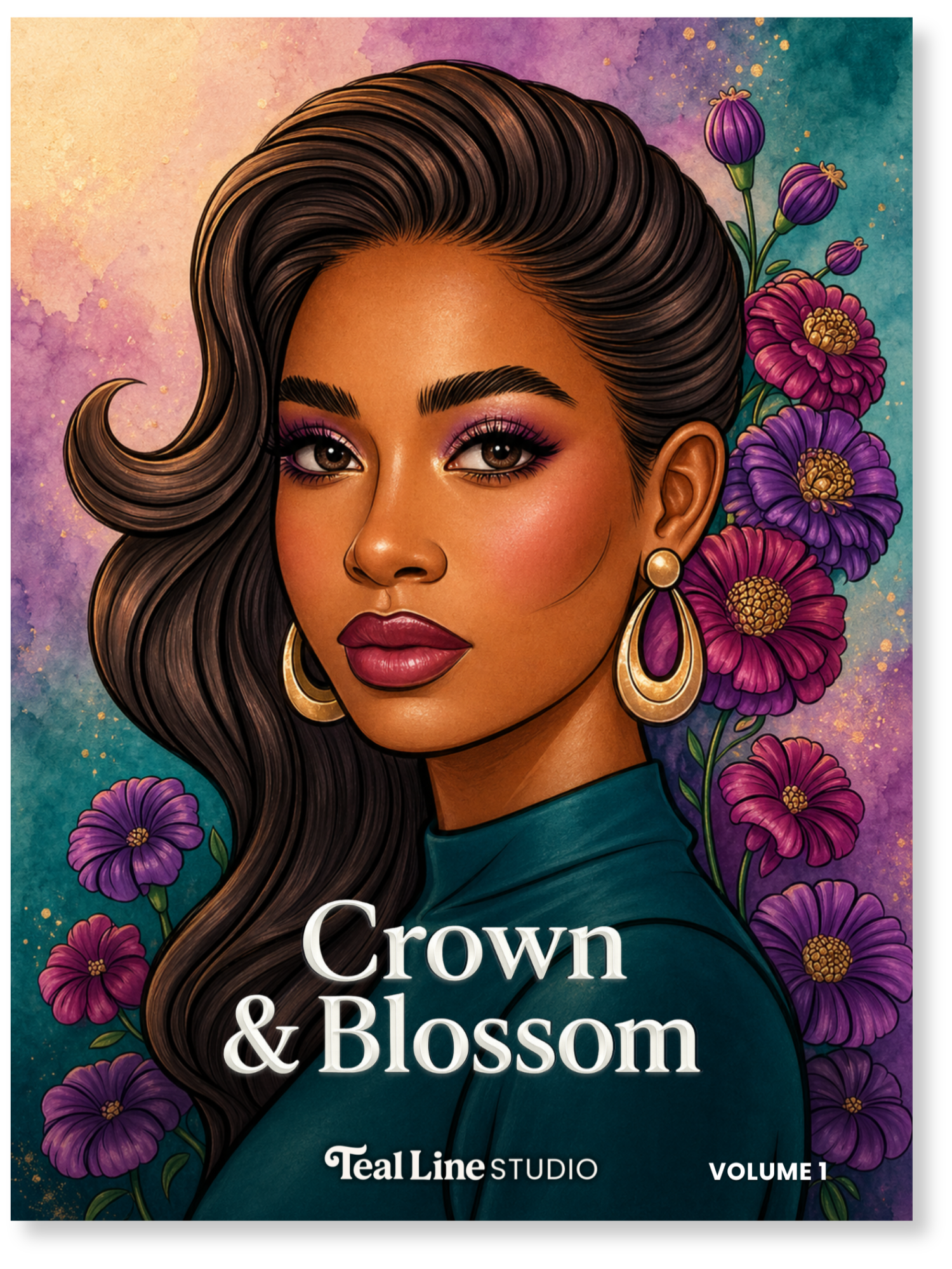 Book cover of 'Crown & Blossom' by Teal Line Studio with a woman's portrait and flowers.