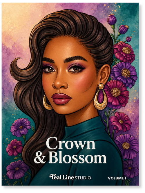 Book cover of 'Crown & Blossom' by Teal Line Studio with a woman's portrait and flowers.