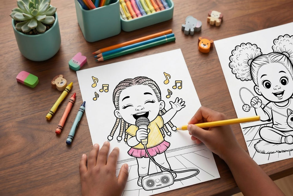 Coloring book with a child coloring a page of a girl singing, surrounded by crayons and markers on a wooden table.