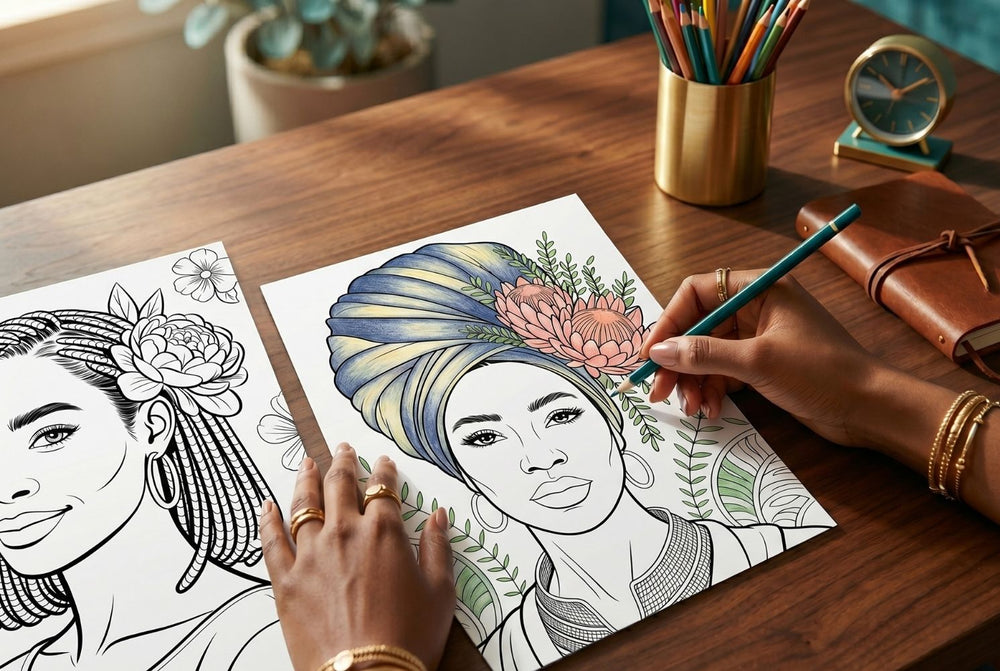 Person coloring a detailed illustration of a woman with flowers on a wooden table.