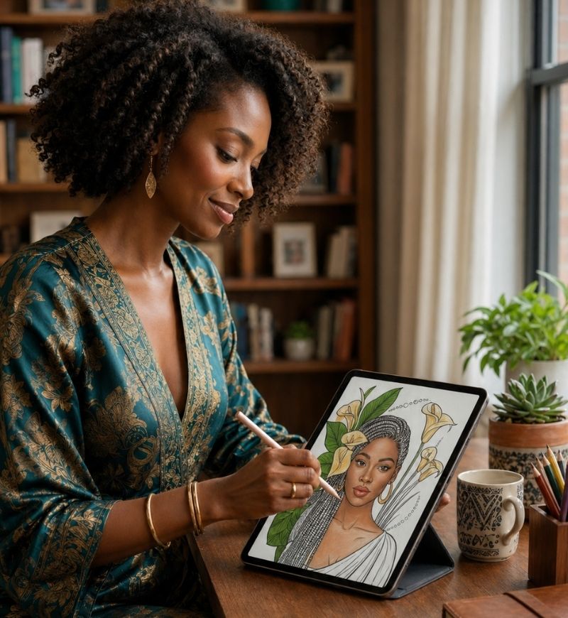 Woman using a stylus on a tablet digitally coloring a coloring page of a black woman with long braids and floral background in a home setting.