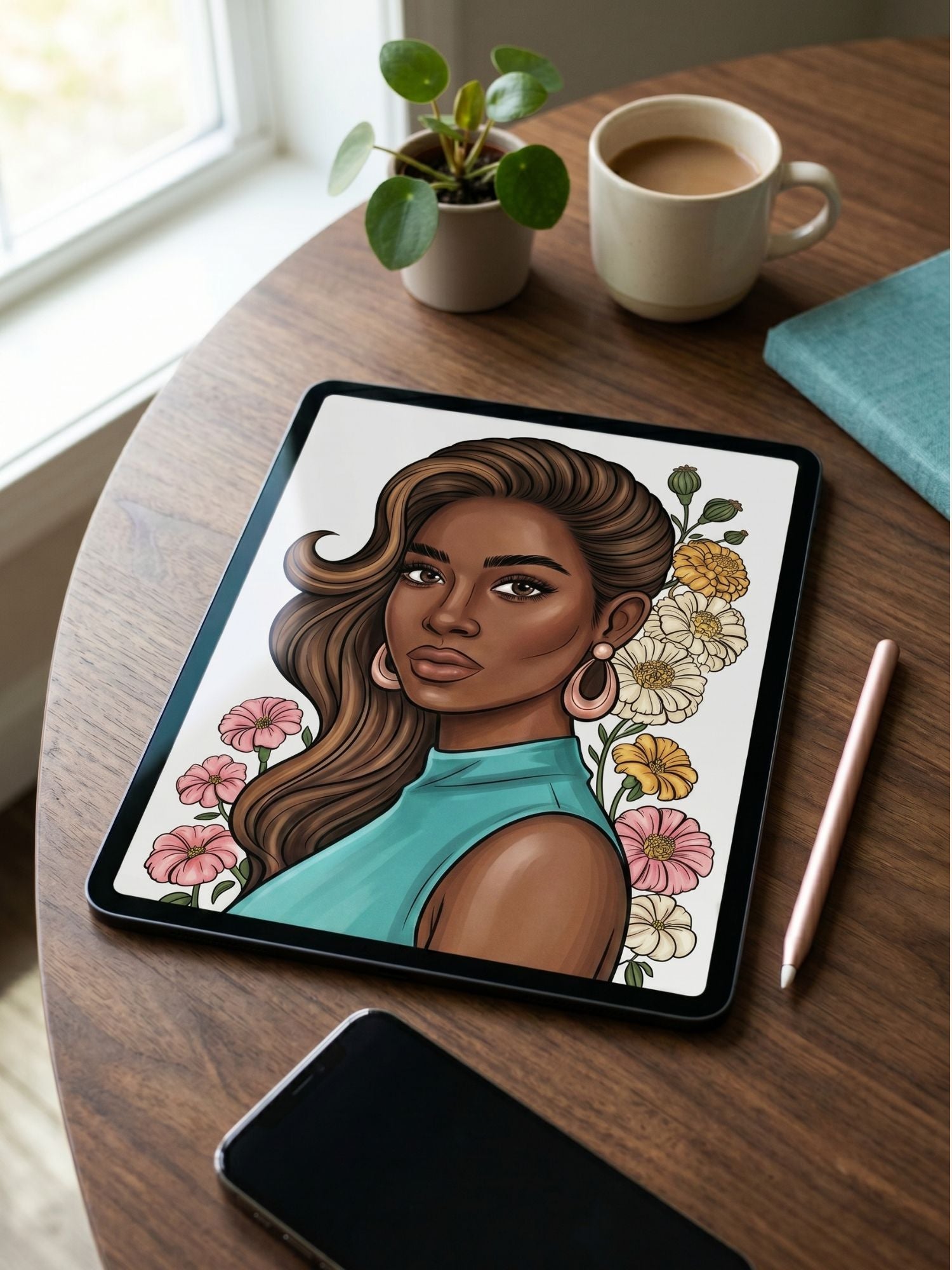 Tablet displaying a digital drawing of a woman with flowers on a wooden table with a cup of coffee and pen.
