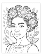 Coloring page of a woman's face with floral hair design