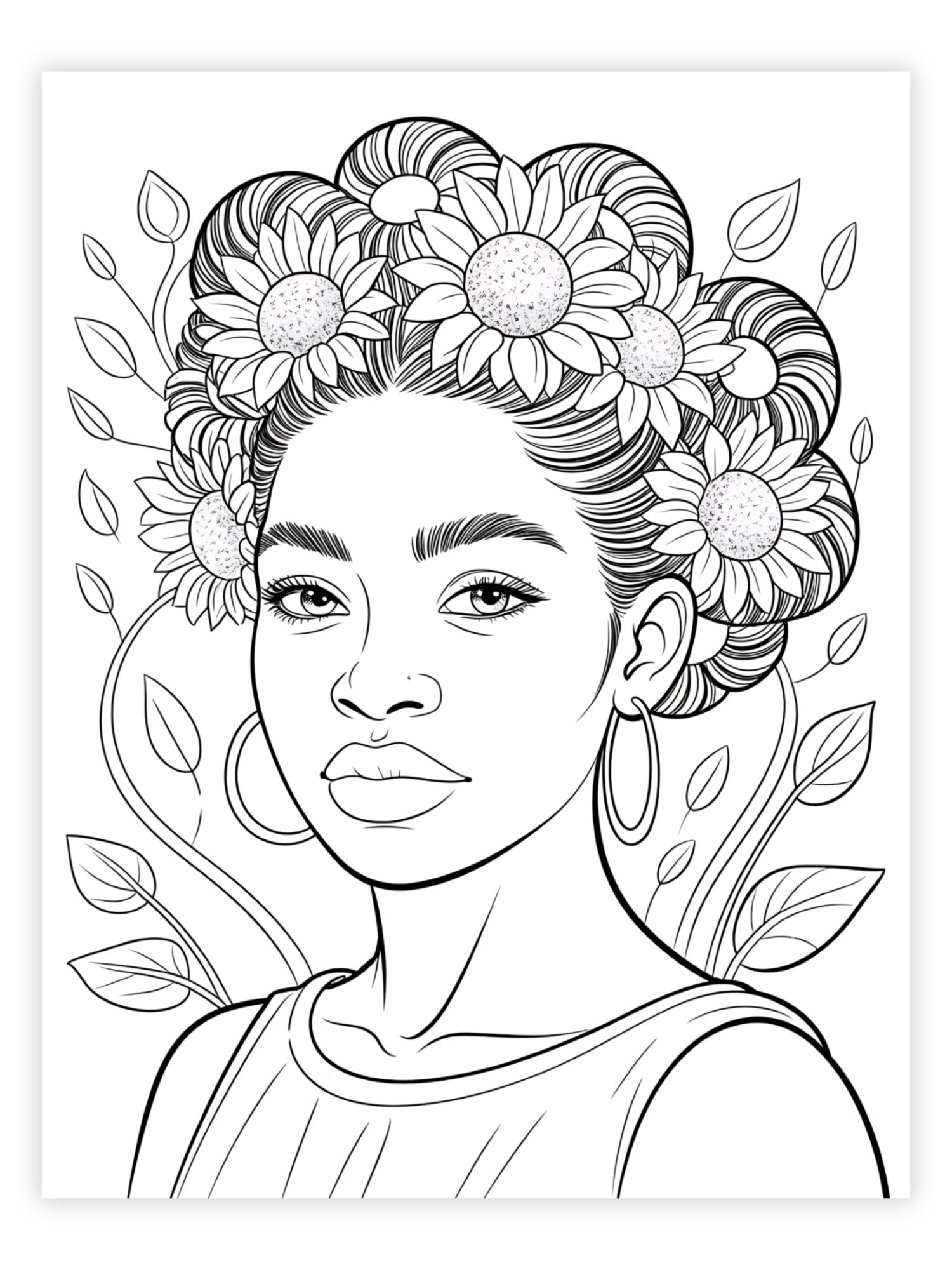 Coloring page of a woman's face with floral hair design