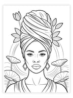 Black and white illustration of a woman with a headscarf and floral elements