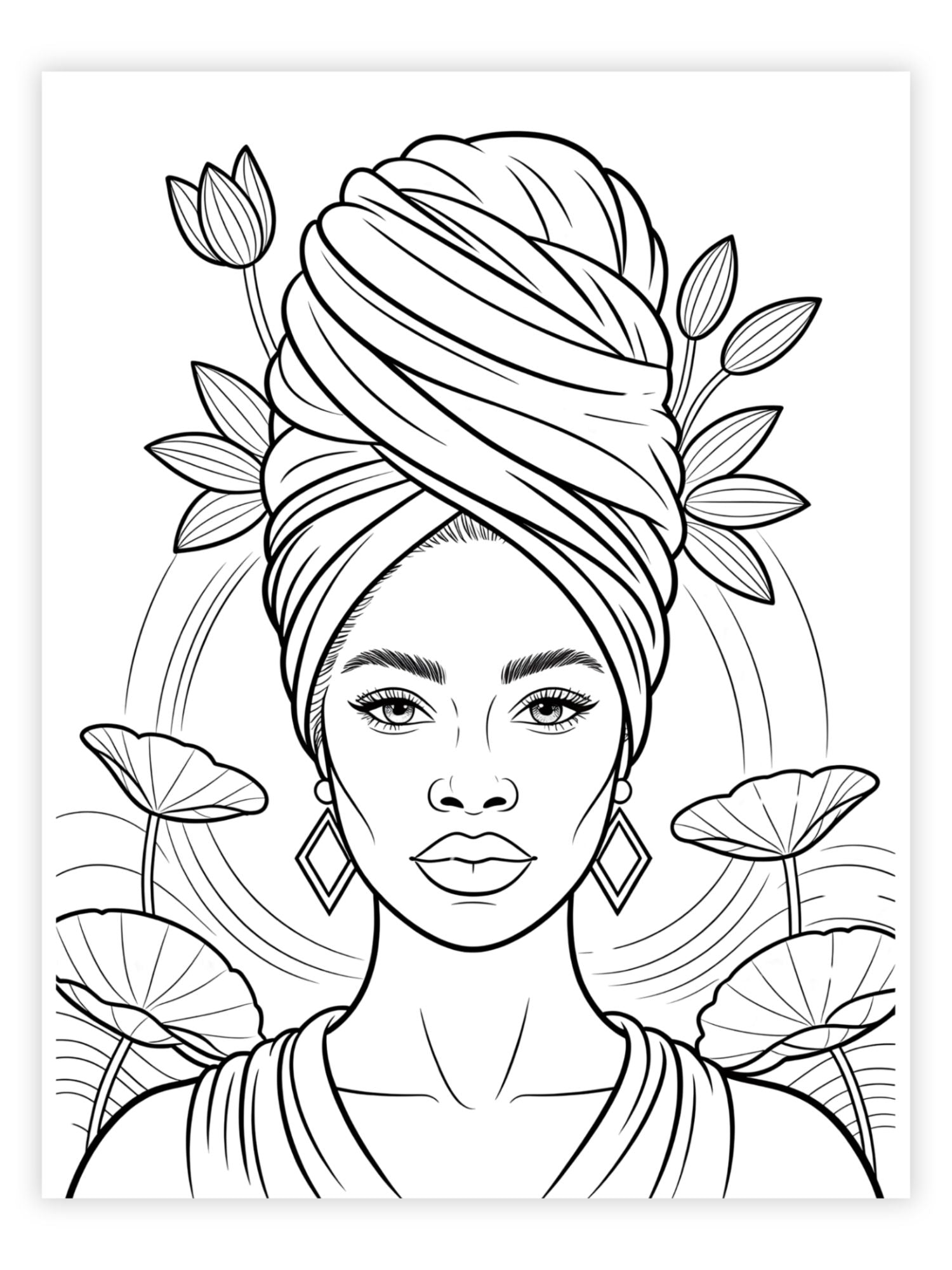 Black and white illustration of a woman with a headscarf and floral elements