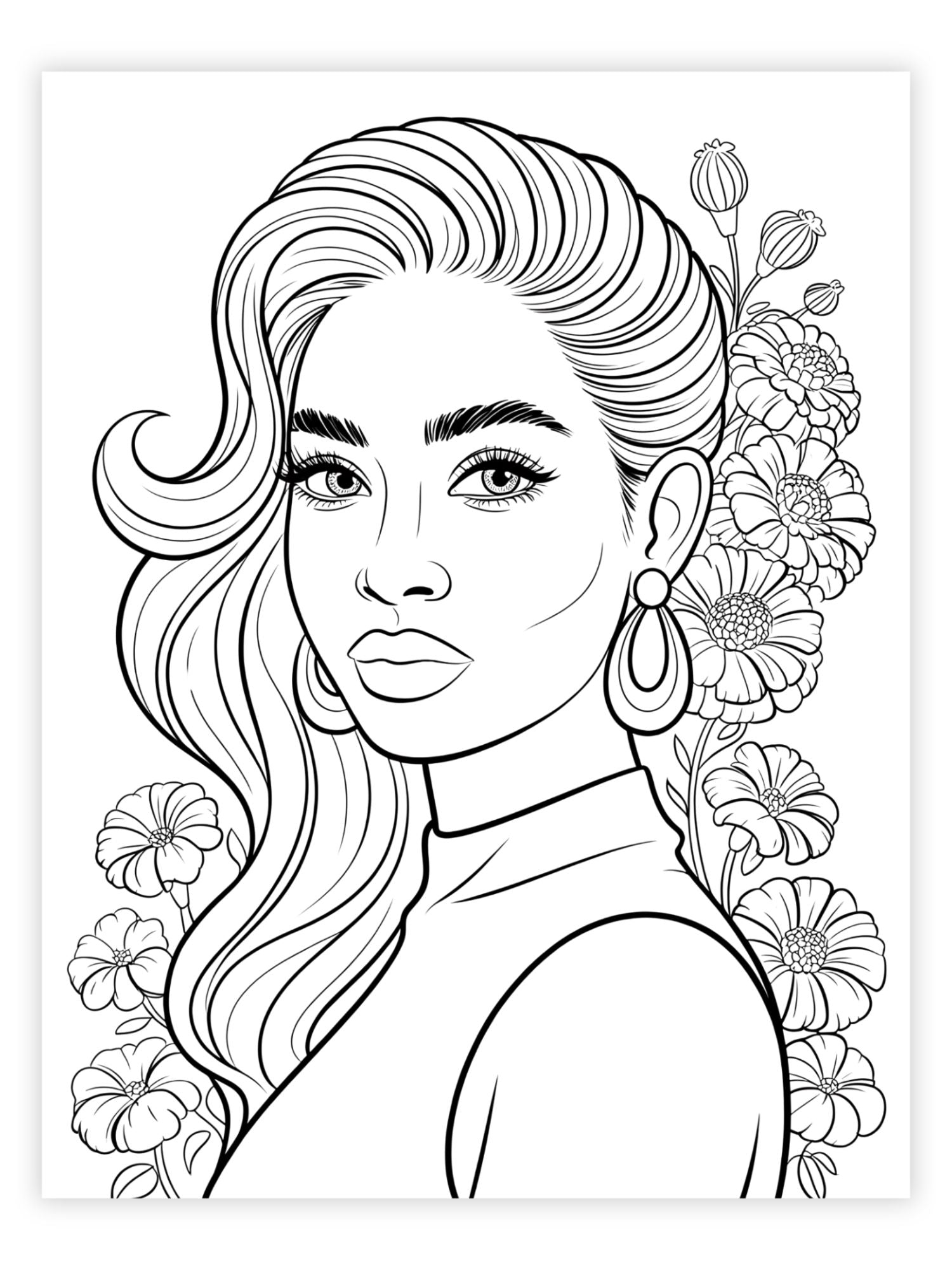 Black and white line art coloring page of a woman with flowers in her hair on a white background