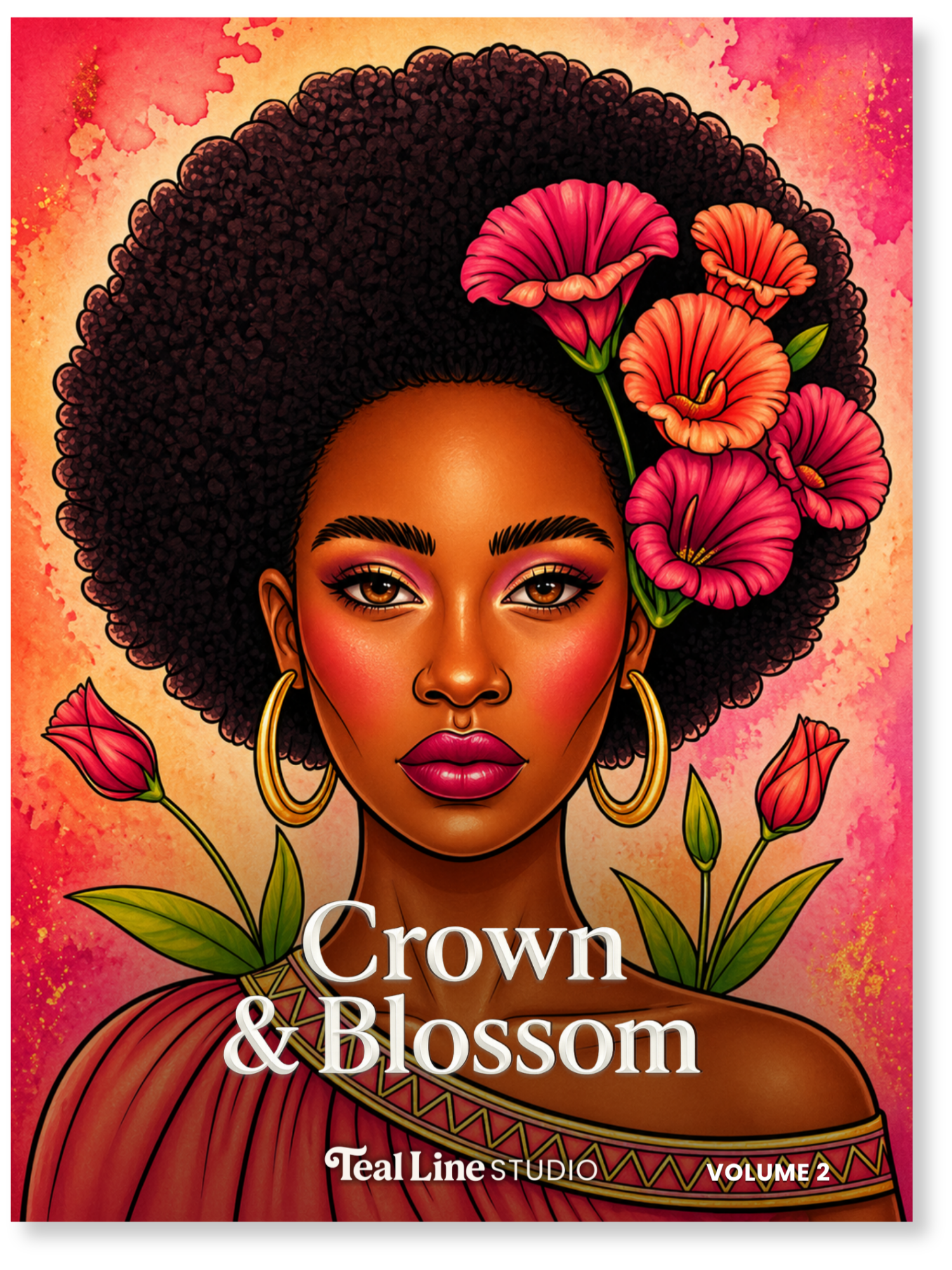 Book cover of 'Crown & Blossom' by Teal Line Studio with a woman's face and flowers on a colorful background.