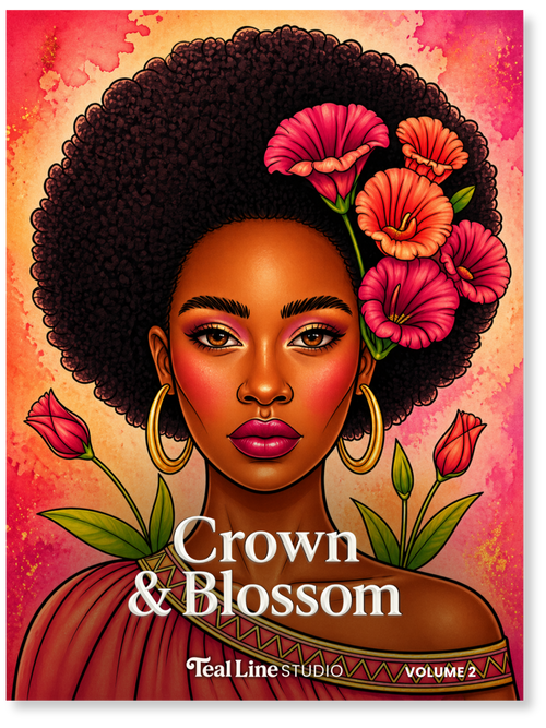 Book cover of 'Crown & Blossom' by Teal Line Studio with a woman's face and flowers on a colorful background.
