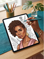 Person using a stylus to color a digital portrait of a Black  woman with braids on a tablet, with a plant and pencils in the background.