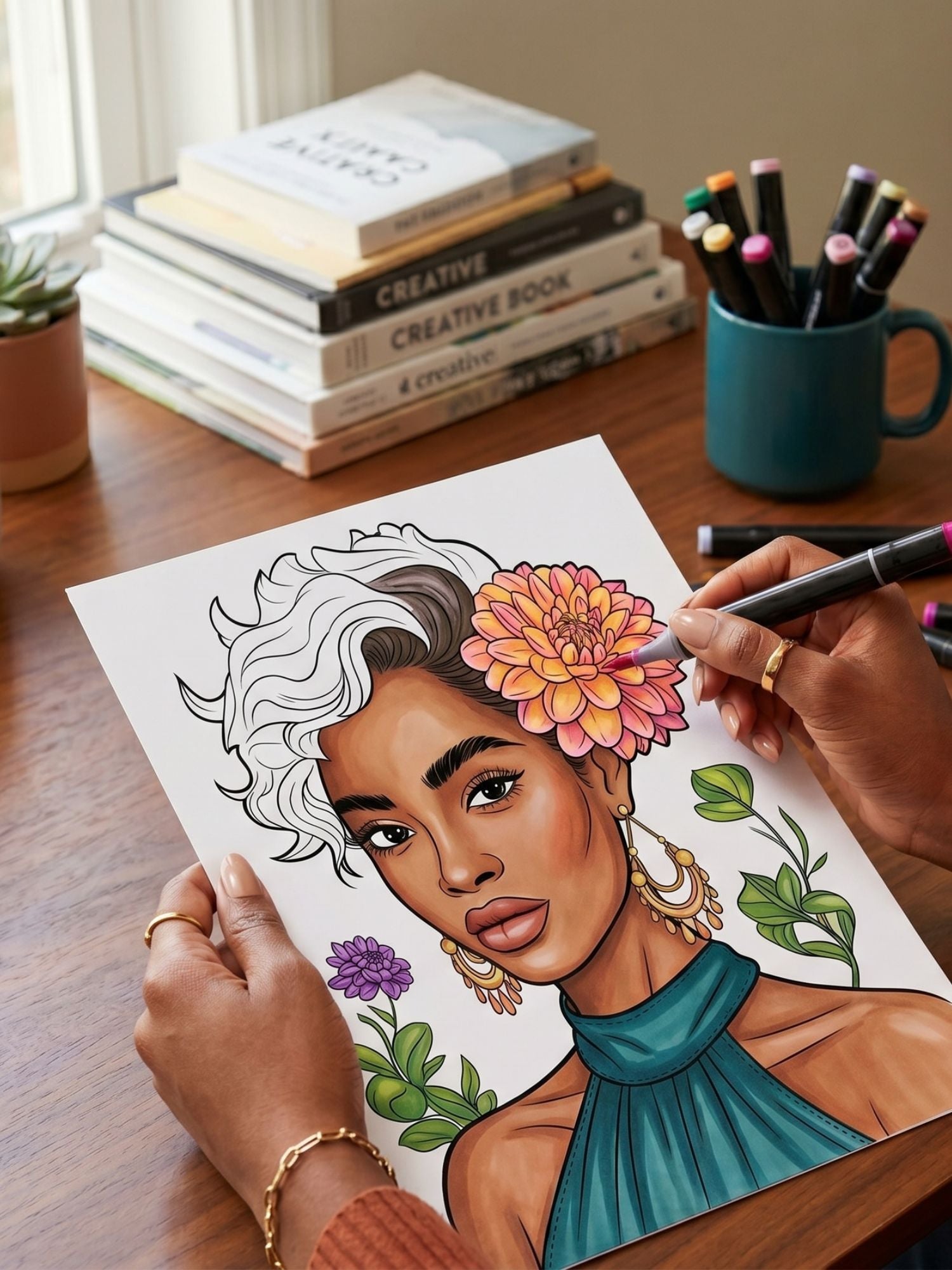 Person coloring a detailed illustration of a woman with flowers on a table with art supplies.
