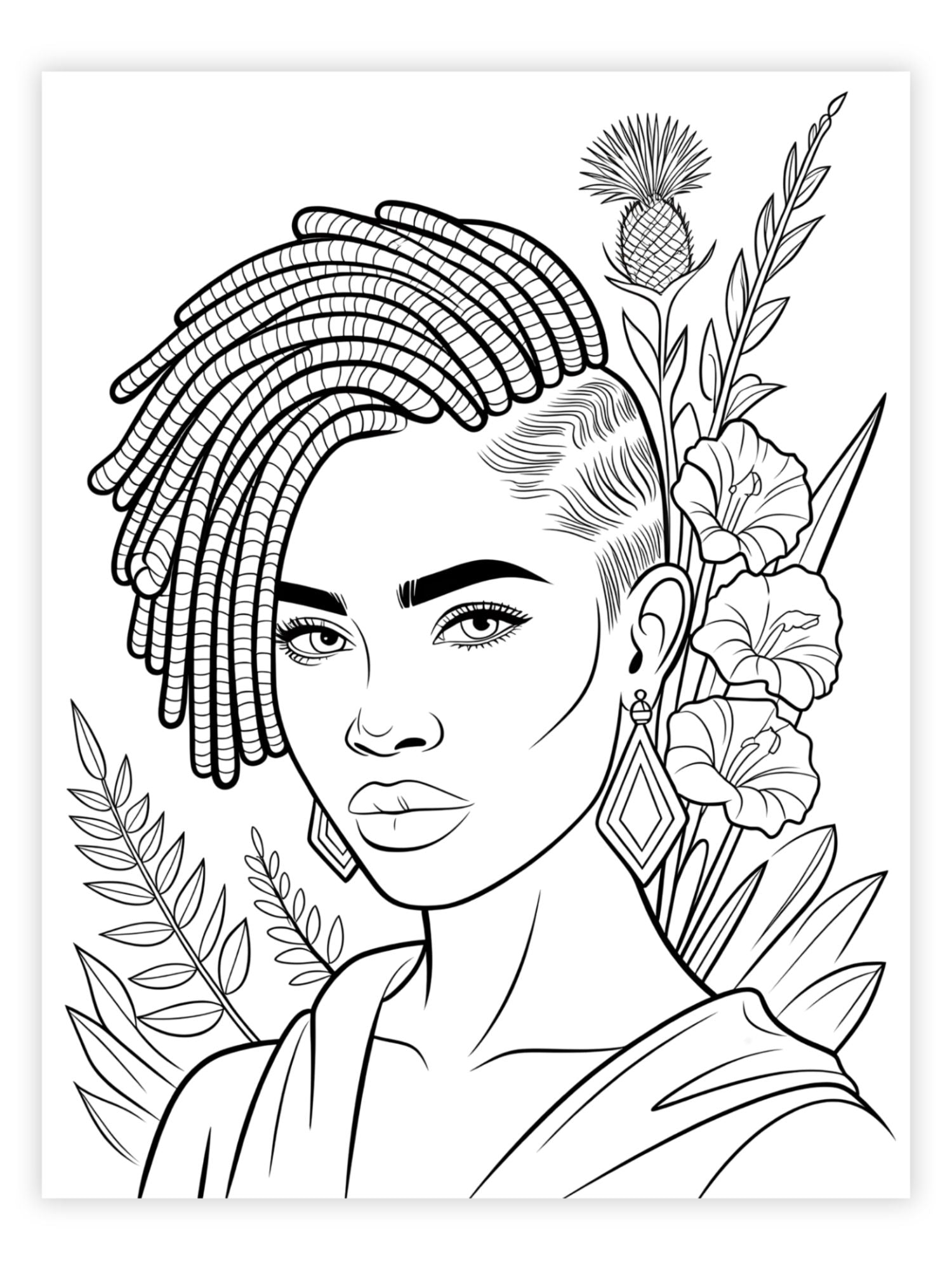 Coloring page of a Black woman with asymmetrical styled hair and floral elements on a white background