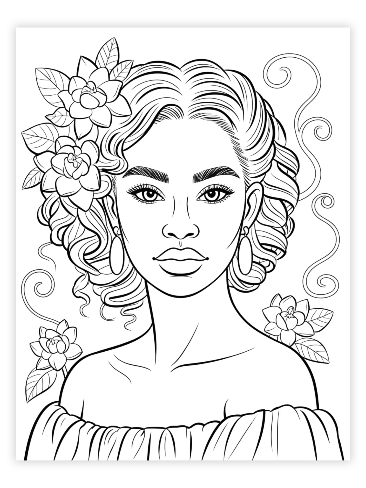Black and white line art of a woman with floral elements on a white background