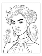 Black and white coloring page of a Black  woman with flowers in her hair  and flowers in the background