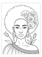 Black and white line drawing of a woman with flowers in her afro hair and in the background
