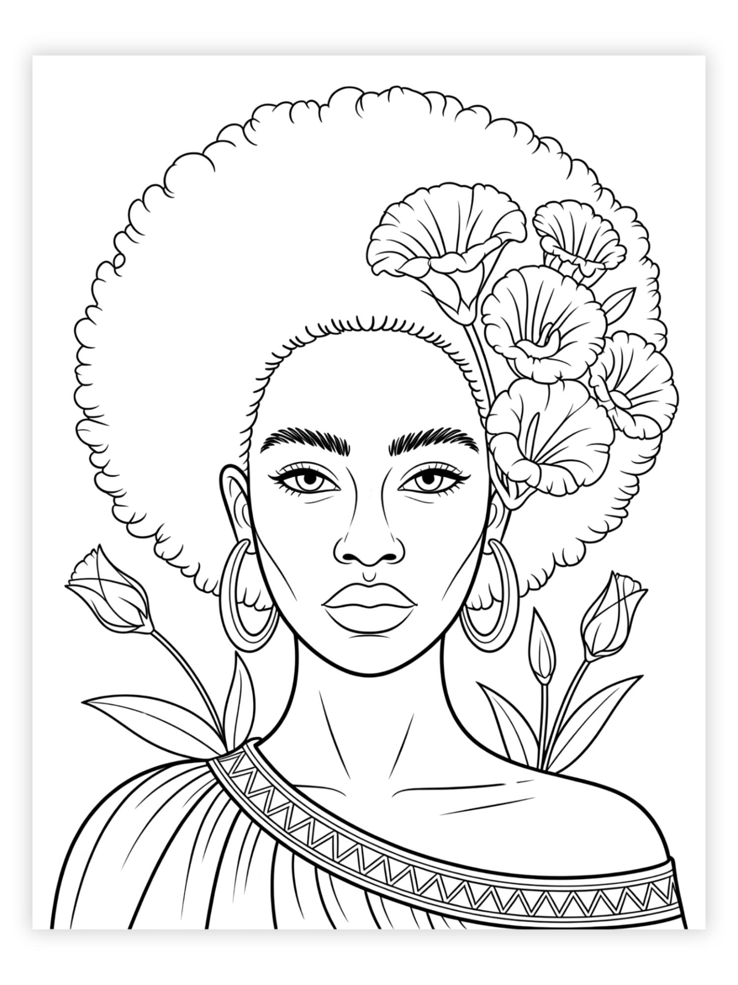 Black and white line drawing of a woman with flowers in her afro hair and in the background