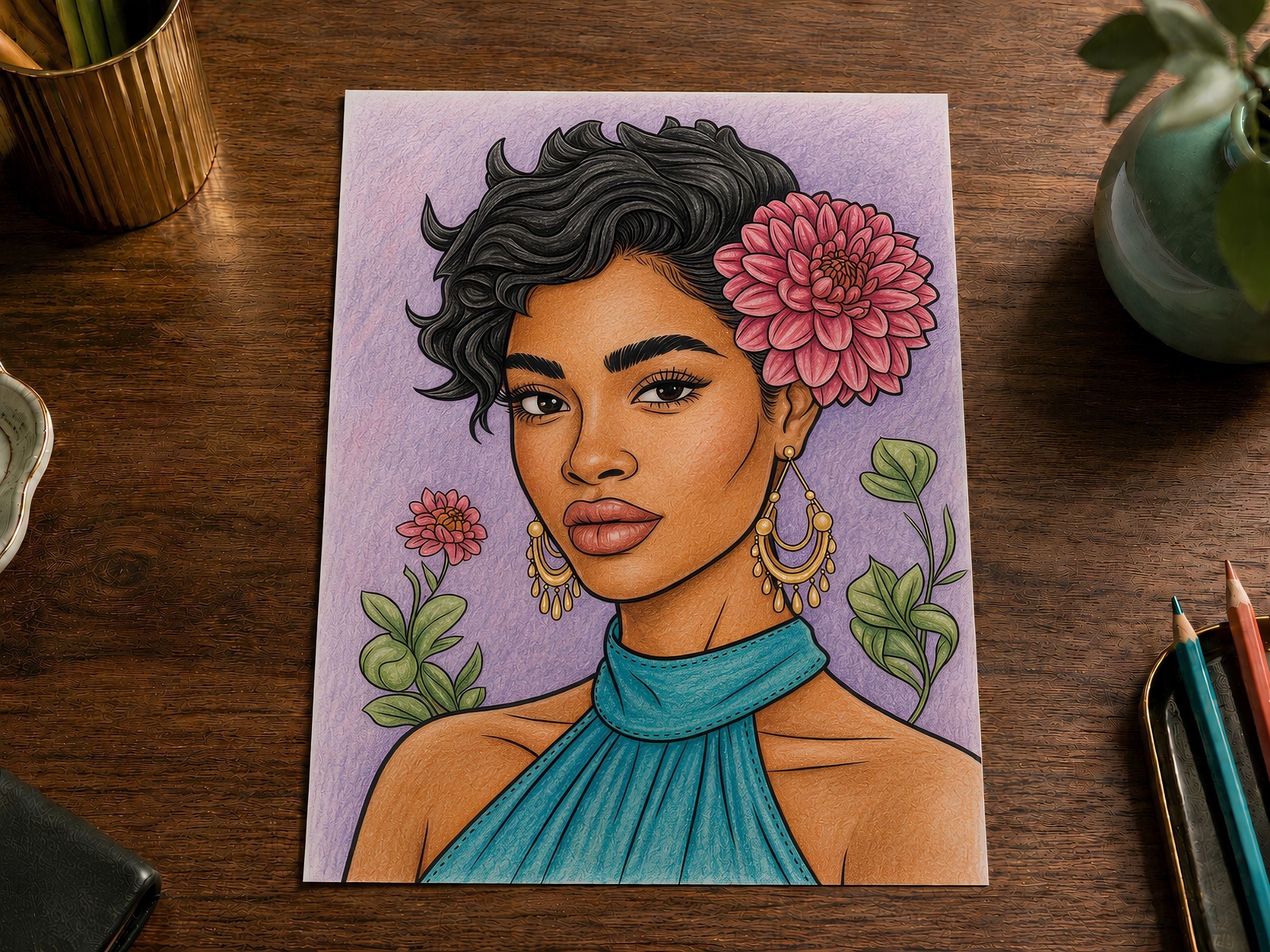 Illustration of a woman with flowers on a wooden surface with art supplies.