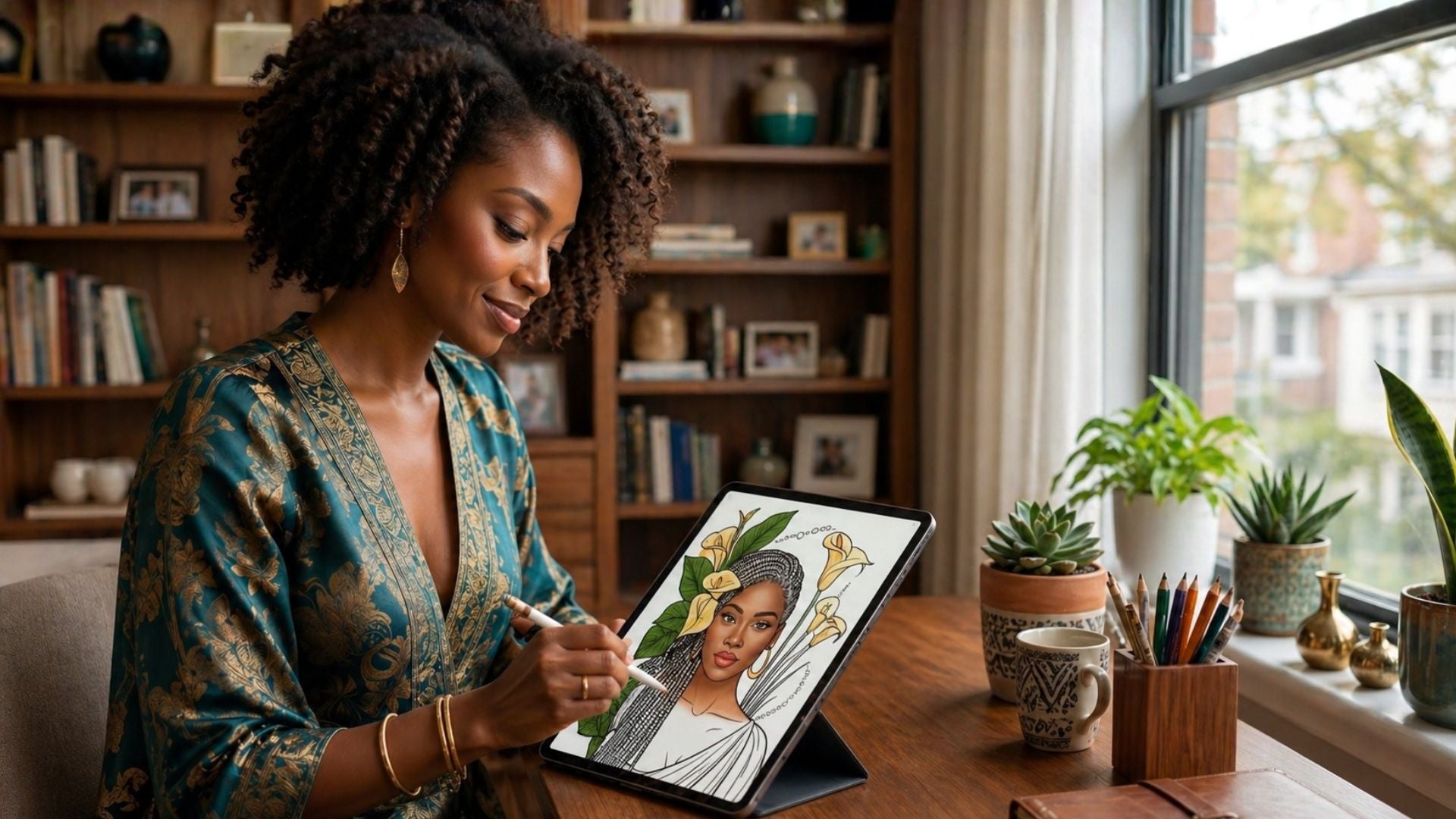 Black woman using a tablet to color in a home office setting with a bookshelf and plants.