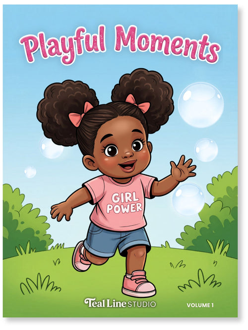 Book cover of 'Playful Moments' featuring a child with 'Girl Power' shirt in a grassy outdoor setting.
