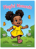 Book cover of 'Playful Moments' by Teal Line Studio with a cartoon girl in a yellow dress running outdoors.