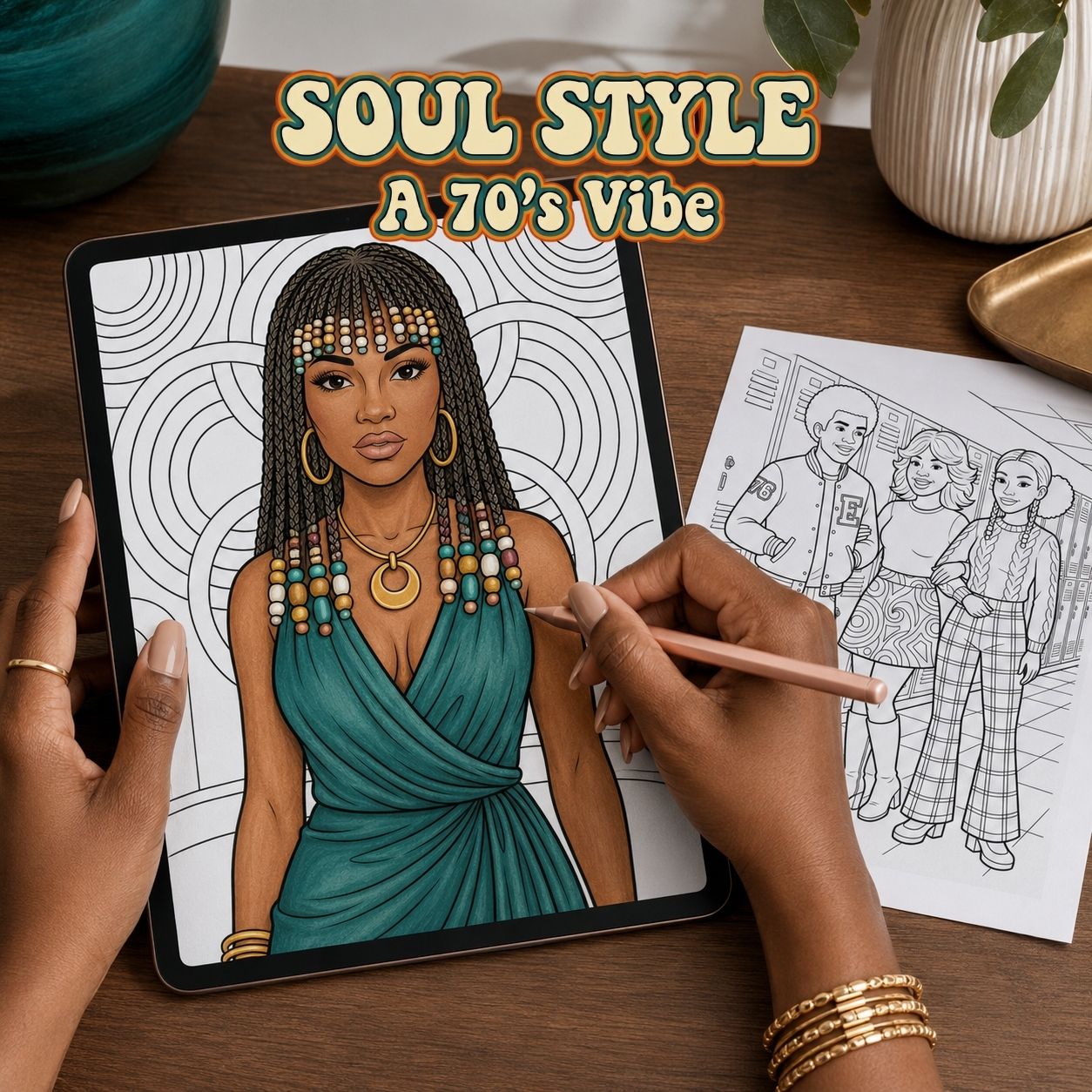 Person coloring a digital illustration of a woman with braided hair on a tablet, with 'Soul Style: A 70's Vibe' text above.