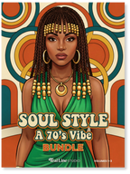 book cover for coloring page Soul Style A 70's Vibe Bundle with woman with braided hair with beads and a green wrap dress