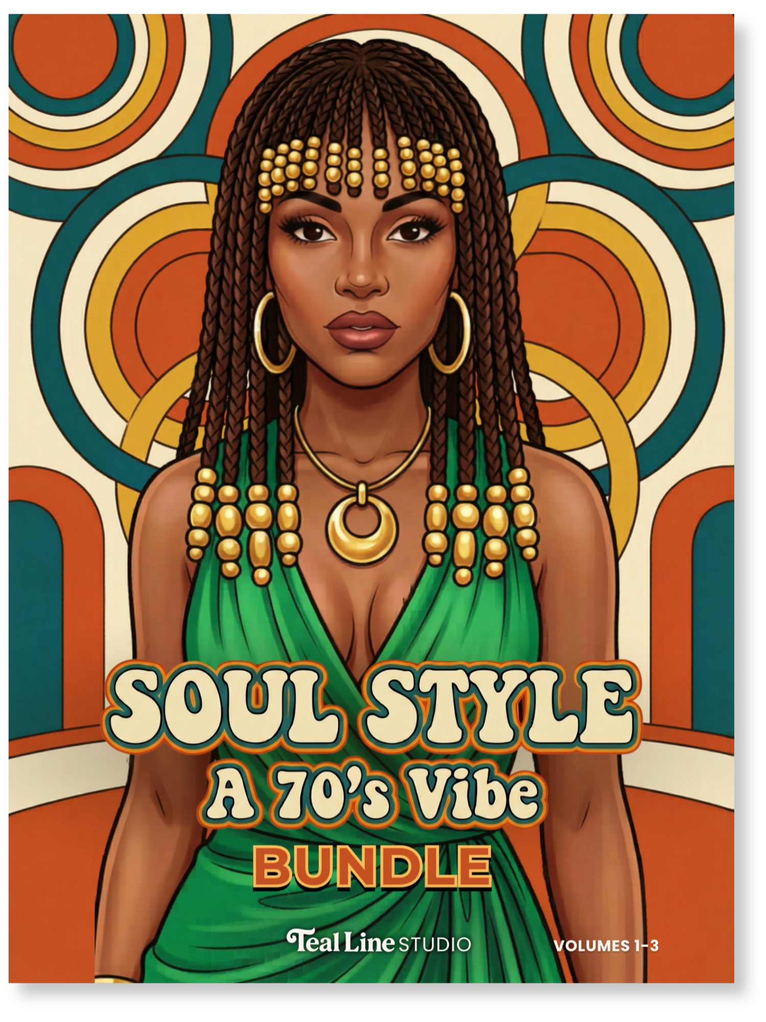 book cover for coloring page Soul Style A 70's Vibe Bundle with woman with braided hair with beads and a green wrap dress