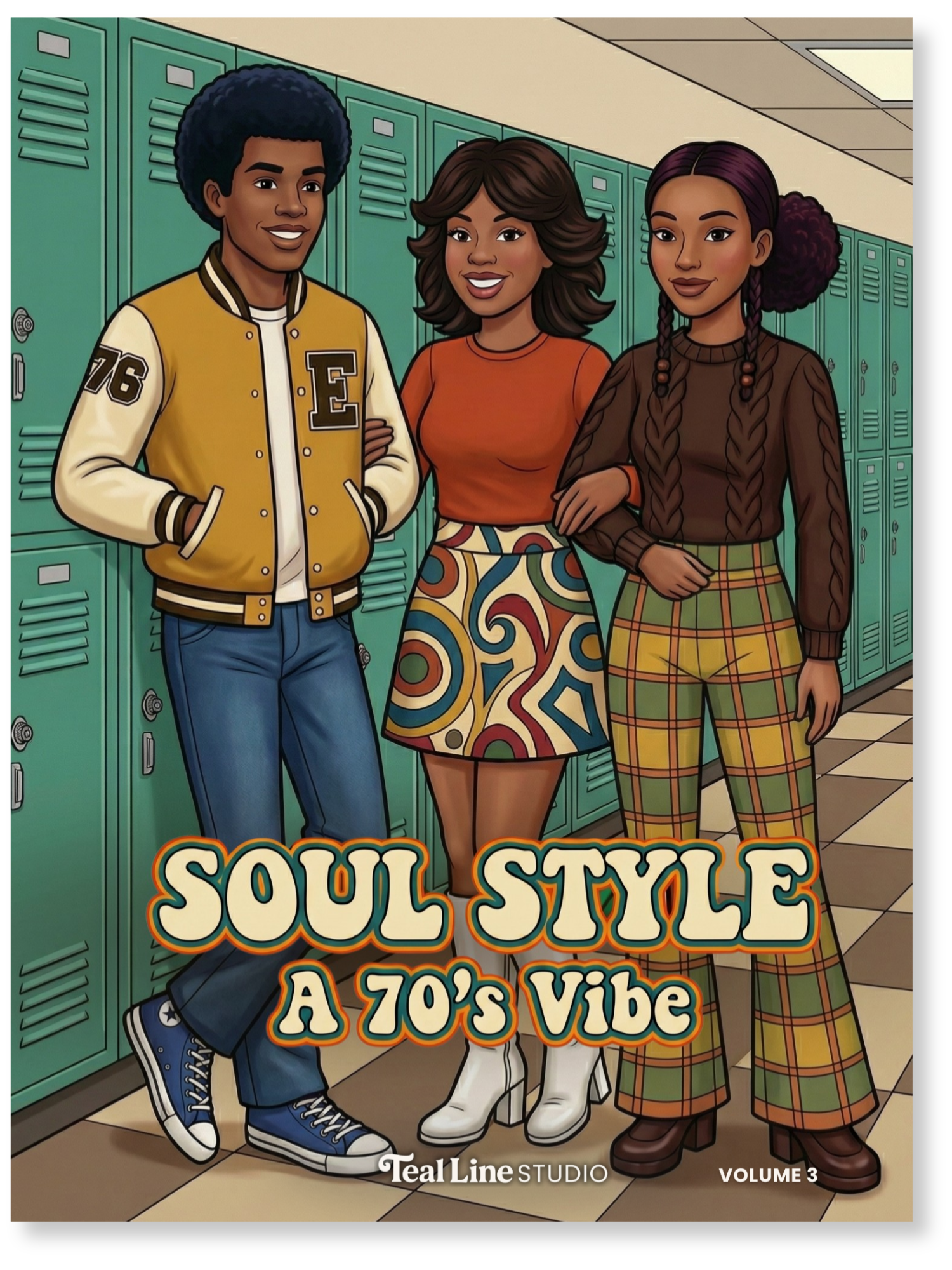 Book cover of 'Soul Style: A 70's Vibe' featuring three people in a school hallway with lockers.