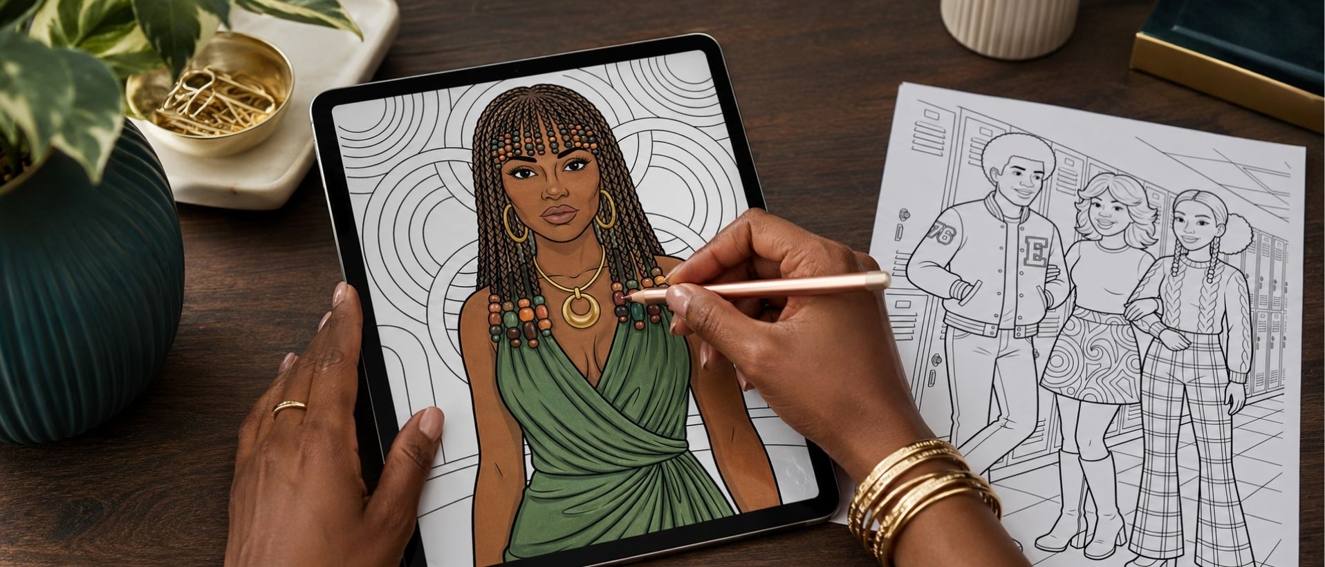 African American woman coloring a digital illustration of a woman on a tablet with a stylus, surrounded by coloring books and a plant.